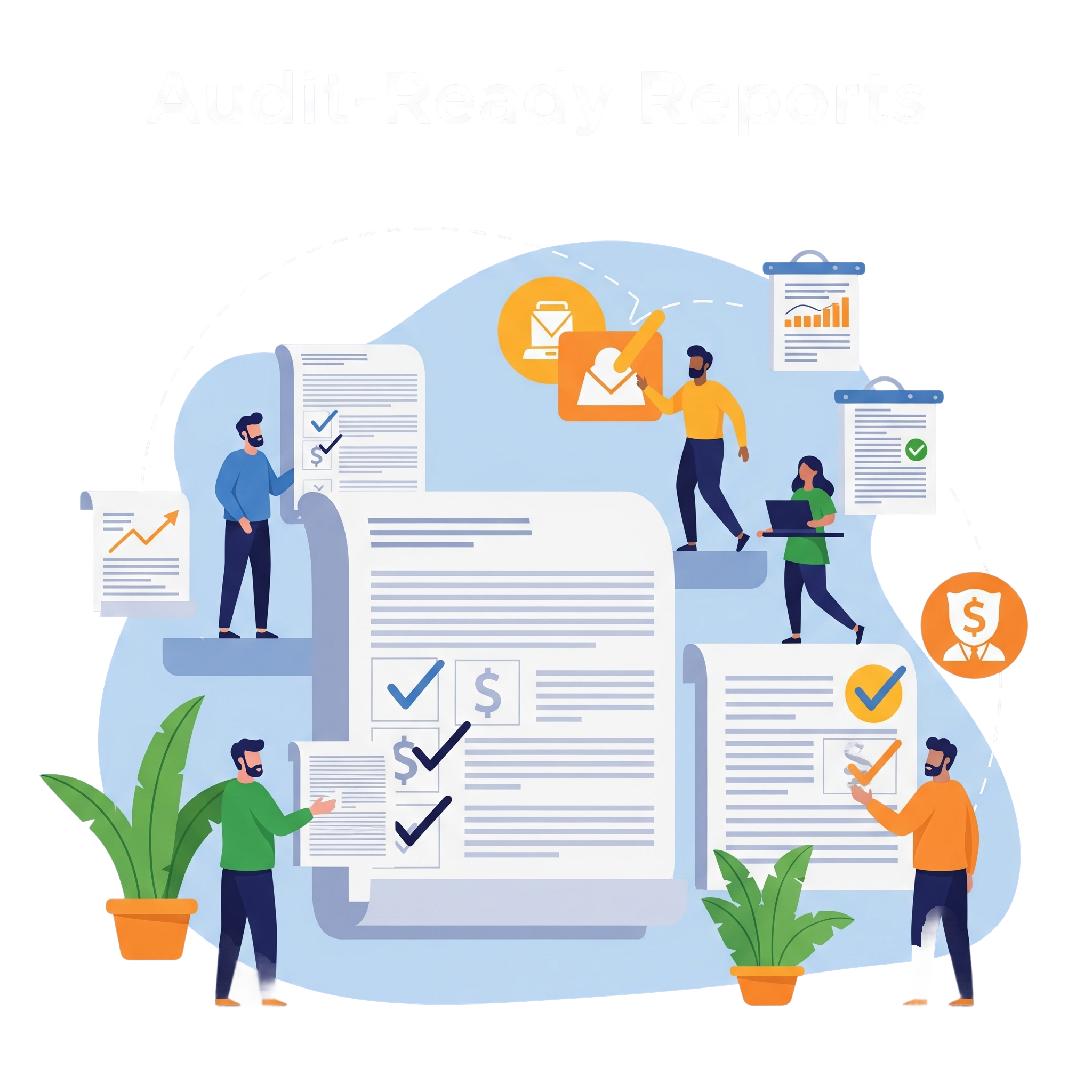 Illustration of people organizing large audit-ready documents.