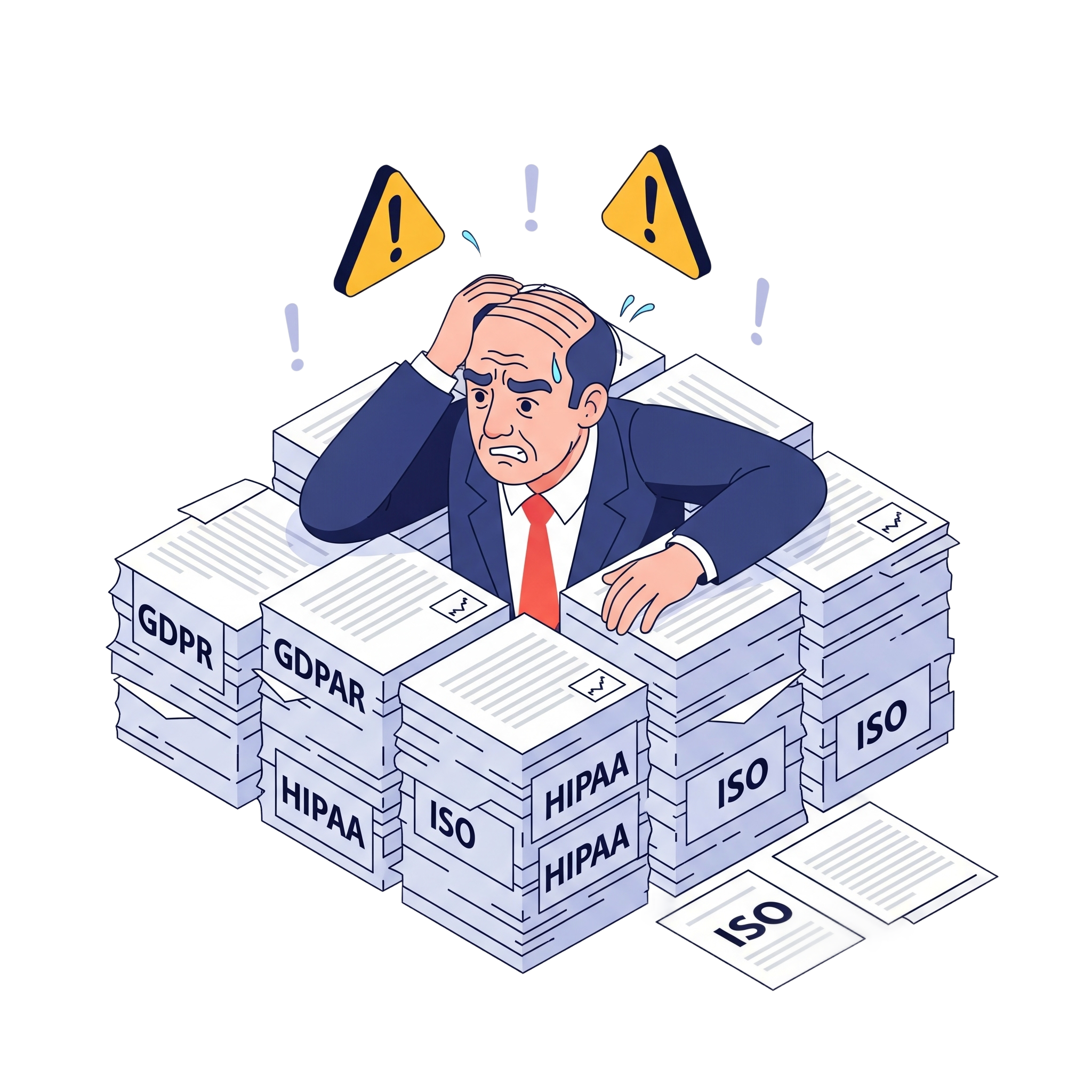 Illustration of a stressed businessman buried in paperwork labeled GDPR, HIPAA, and ISO.