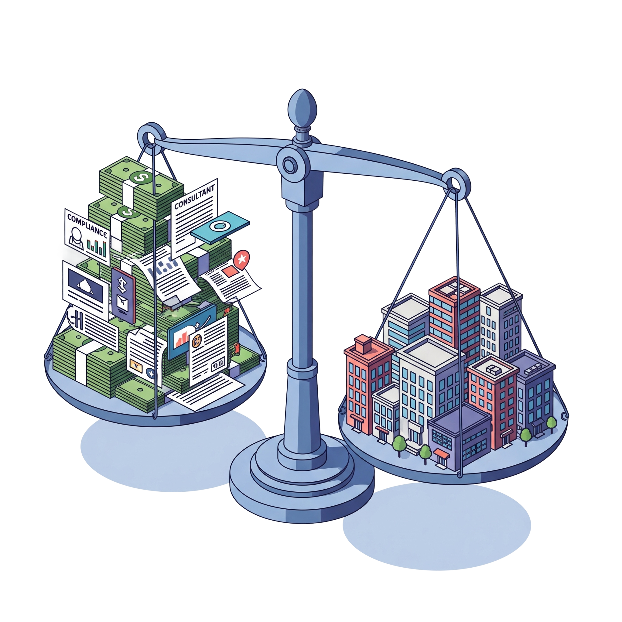 Illustration of scales of justice with money and documents on one side and buildings on the other.