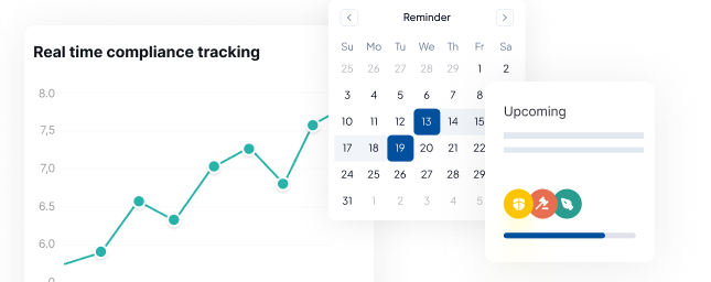 UI mockup showing a compliance tracking graph and a calendar with reminders.