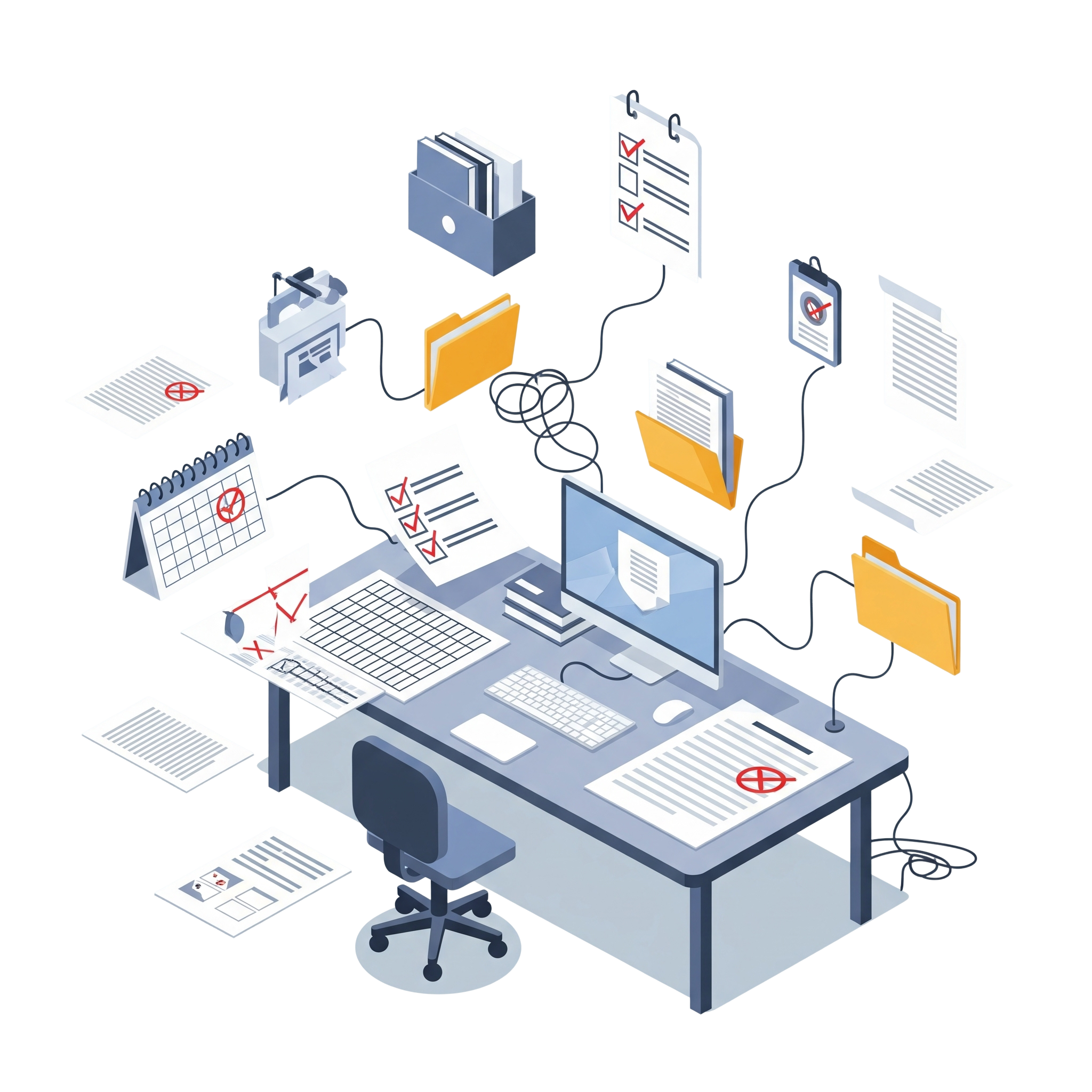 Illustration of a messy desk with documents, computer, and chaotic connections.